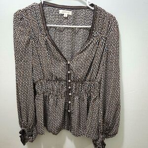 MAXSTUDIO Button Front Smocked Waist Long Sleeve Blouse Size M